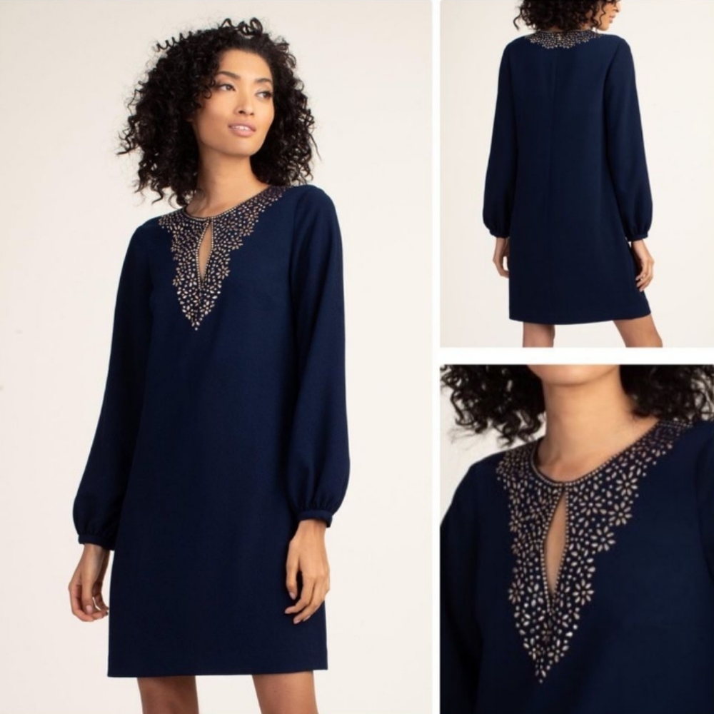 Trina Turk "Tangle" Dress Indigo Blue With Goldtone Details Size 4